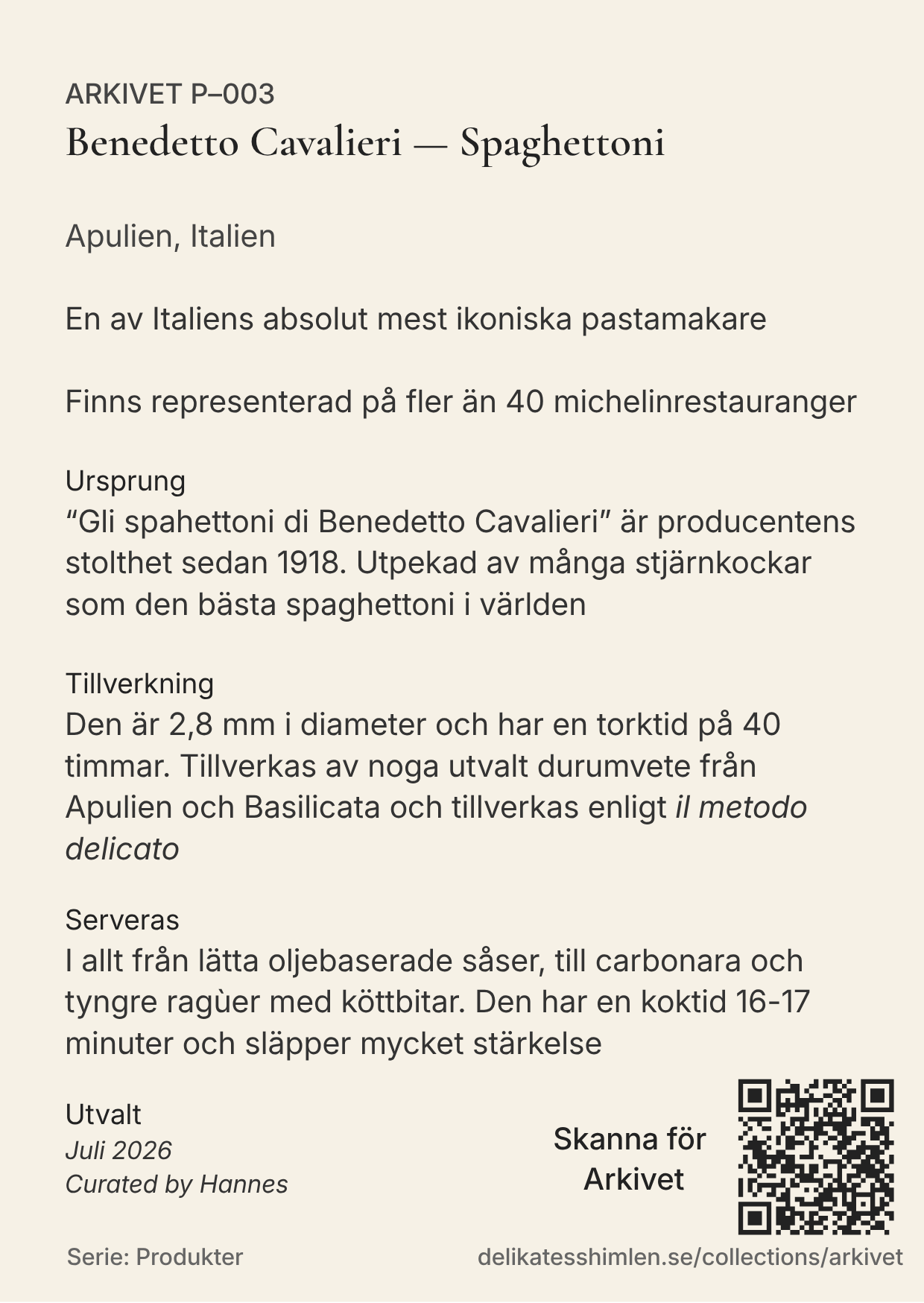 Samlarkort – Arkivet P-003 – Gli Spaghettoni di Benedetto Cavalieri